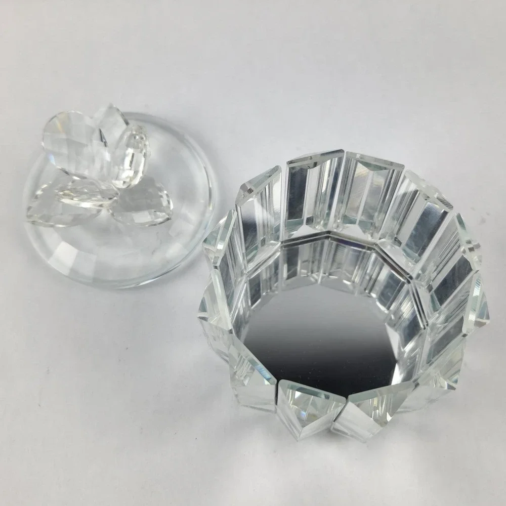 Faceted Crystal Glass Panel Trinket Jar with Lid Prismatic Vanity Decor